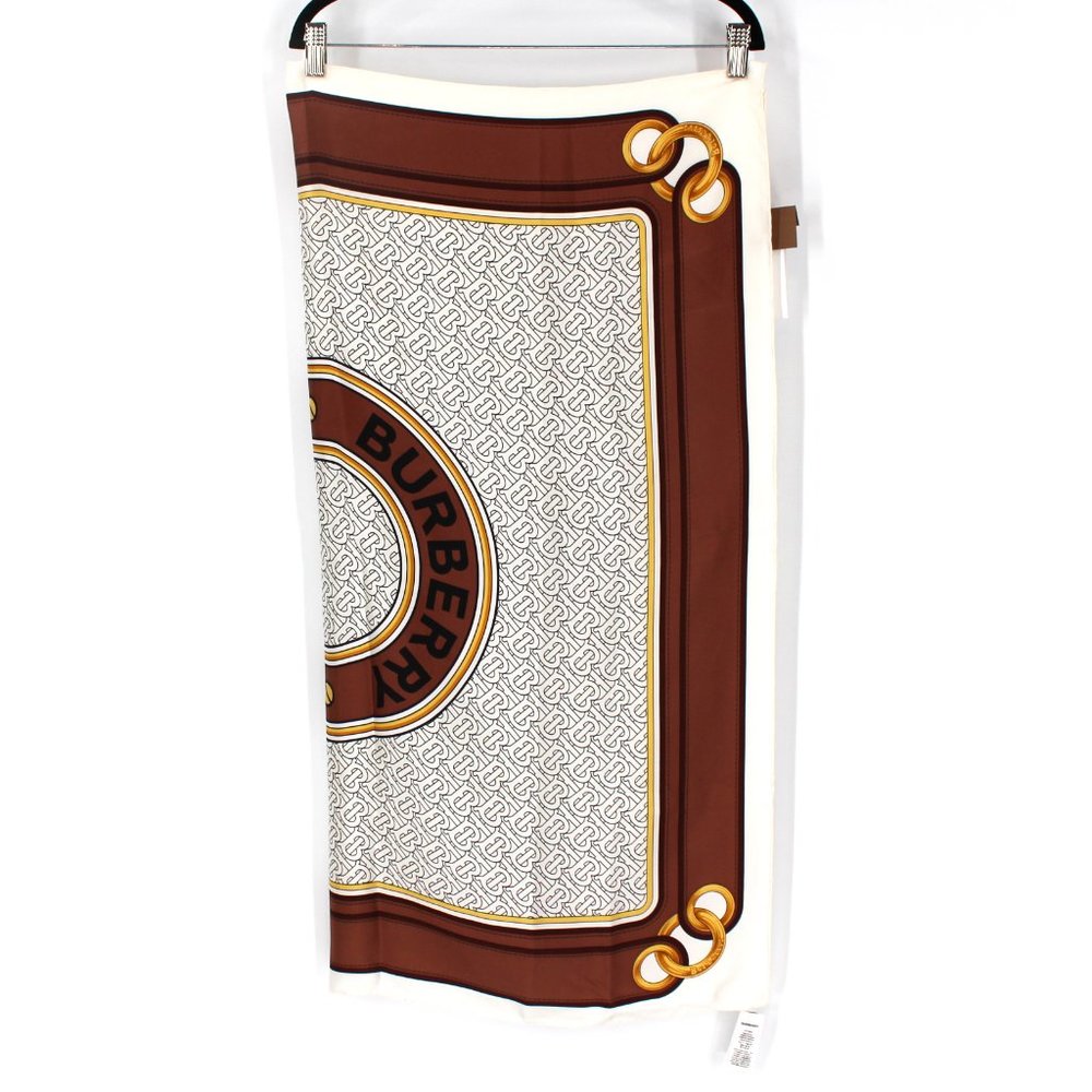 Burberry London Silk Monogram Logo Print Tie Scarf Brown Black 90 X 90 Cm NEW - Picture 3 of 8